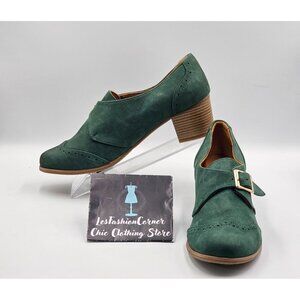NWT Julia Bo Women's Green Leather Duke Pumps Heel  Monk Shoes Sz 9.5 (40) 2974